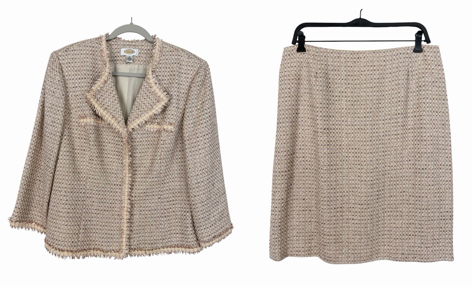 Vintage Talbots Tweed Suit Pink Fringe Skirt & Jacket Spring Size 16