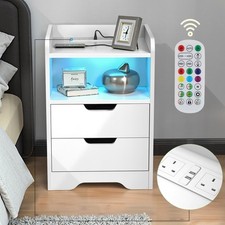 Nightstand White RGB Cabinet LED Modern Bedside Drawers Matte Table UK Socket