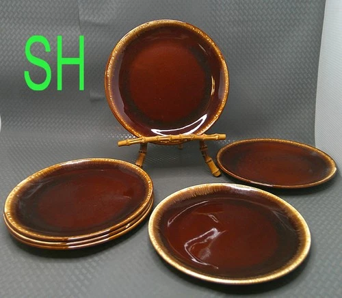 6 Vintage McCoy Pottery Futura Stoneware Brown Drip Glaze Dinner Plates Dish 10"