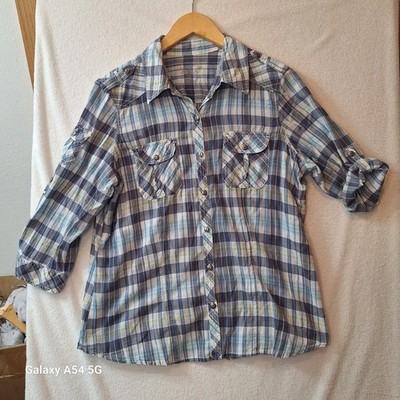 Womens Sonoma Plaid Button Up Shirt Size Large Roll Tab Sleeves May Need Mending