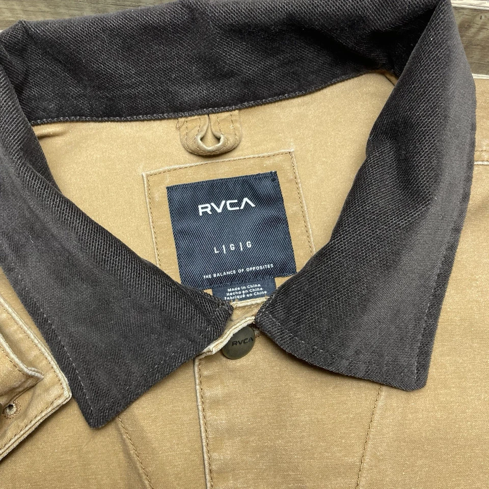 RVCA Chainmail Button Corduroy Collar Chore Jacket Duck Camel Tan Mens Large - Image 2 of 4