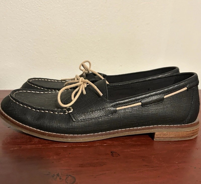 Womens Black Leather Sperry Boat Shoes Size 9.5 Rare EUC