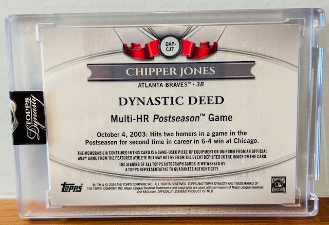 2024 Topps Dynasty Baseball Chipper Jones Auto Game Used Tag Relic 1/1 view 2
