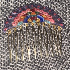 Gold Tone Multicolor Enamel Peacock Hair Comb for Women Metal Accessory