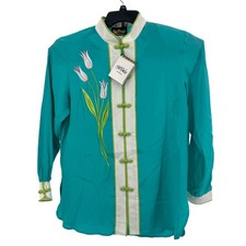 Bob Mackie Wearable Art Blouse Women M Teal Silk Floral Embroidered Frog Closure