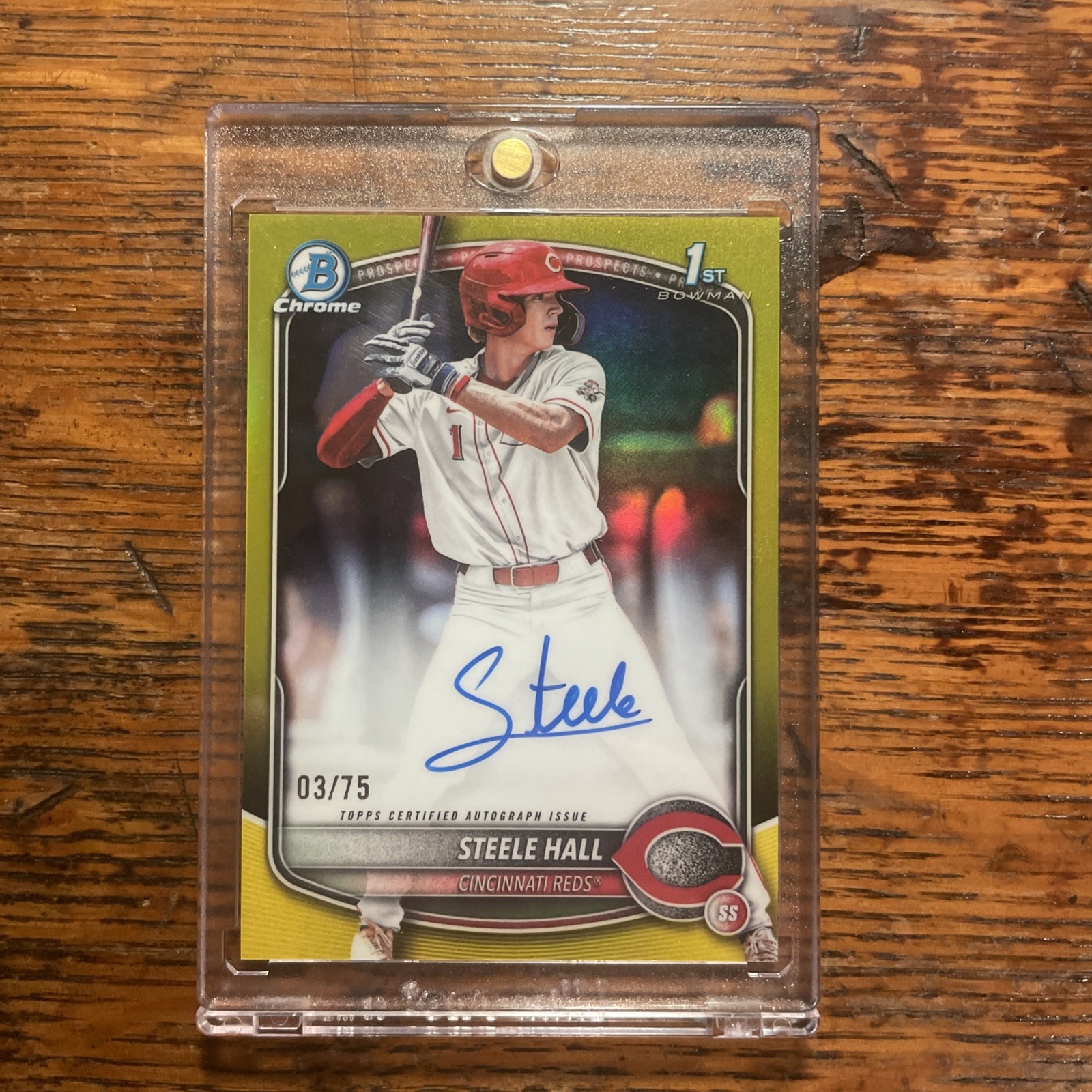 2025 Bowman Draft Steele Hall 1st Chrome Yellow Refractor Auto #03/75 Reds
