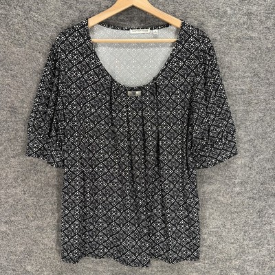 Notations Blouse Women 1X Plus Black Geometric Short Sleeve Round Neck Casual