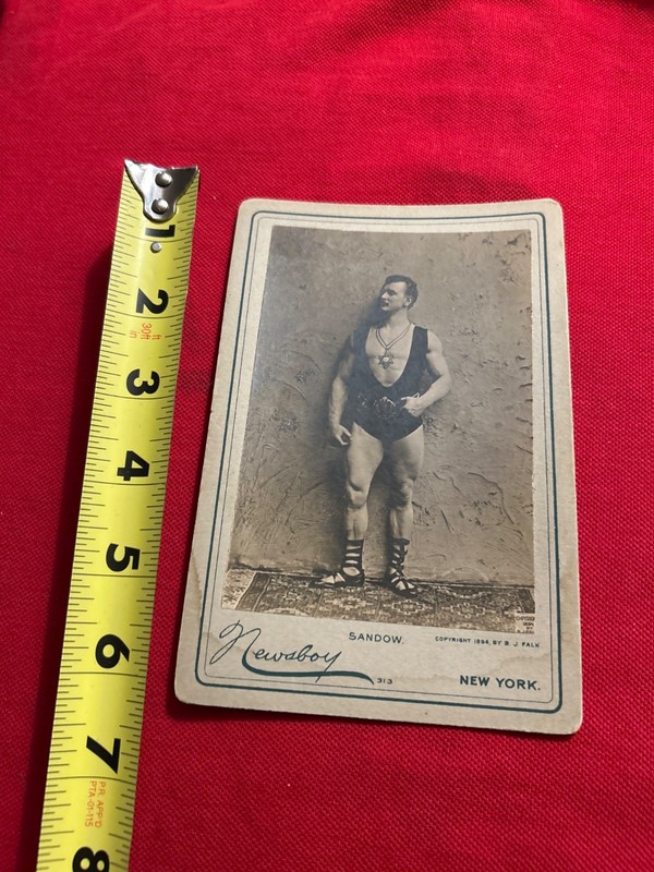 EUGEN SANDOW 1894 CABINET PHOTO • B.J. FALK / NEWSBOY • WEARING JEWISH STAR