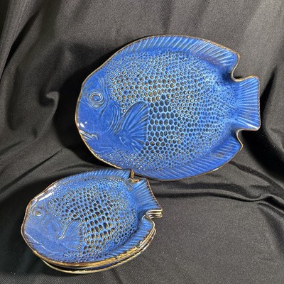 Vintage Uttermost Cobalt Blue Fish Platter And 4 Small Pottery Ceramic Art