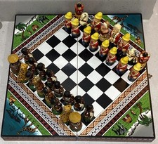 Vintage Hand Painted Travel Chess Set Depicting The British & Zulu Army New
