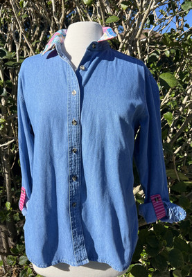 Pearly Vine Blue Pink Plaid Collar Button Up 3/4 Roll Tab Sleeve Women s Medium