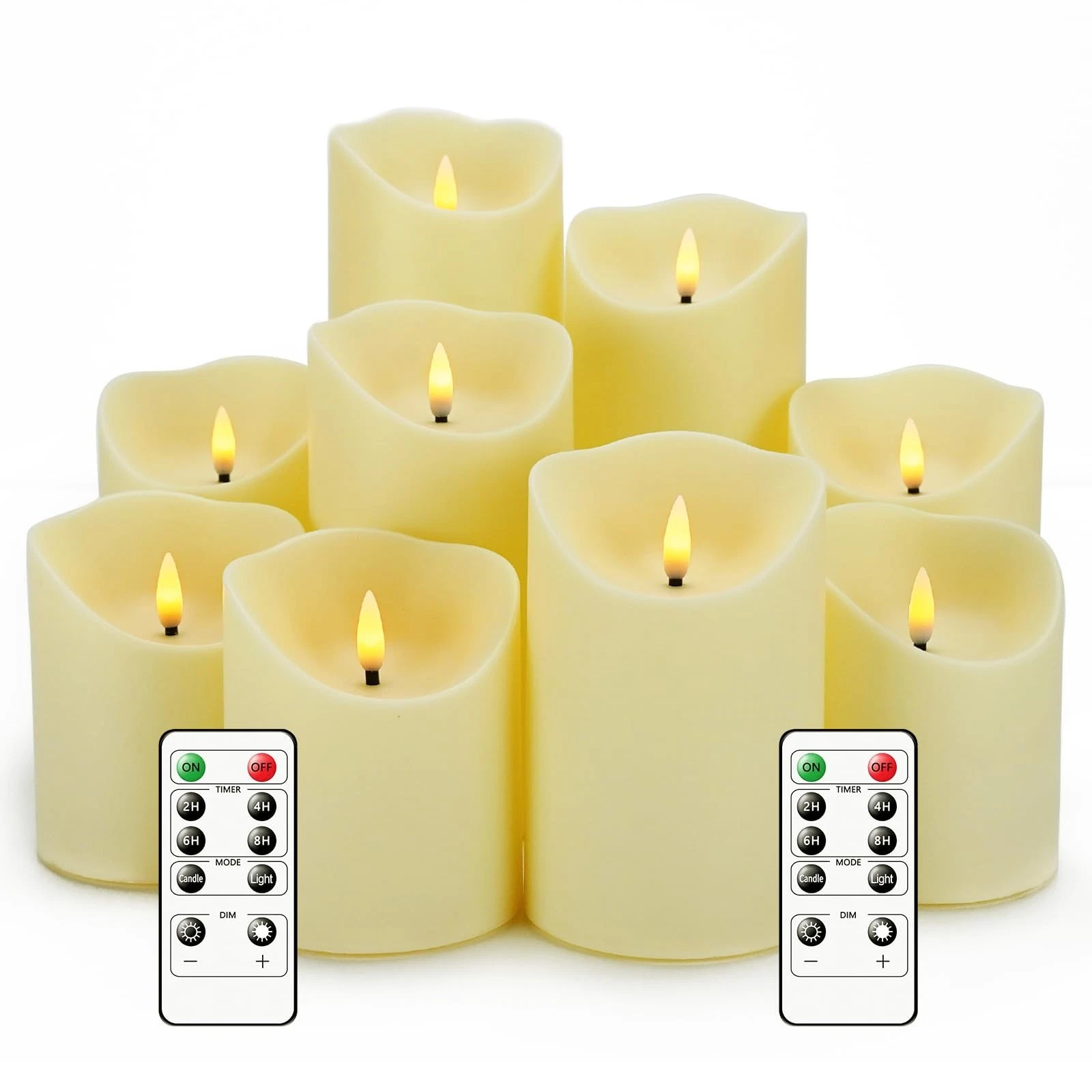 Flameless Candles LED Set of 9 Remote Timer Battery Operated Ivory Nimiko