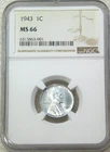 1943 P Lincoln Steel Cent NGC MS66 Bright Luster Just Graded New Holder #D335K