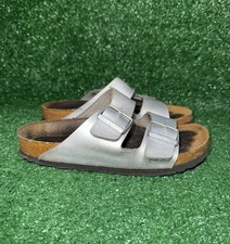 Birkenstock Arizona Sandals Birko Flor Shiny Silver Leather Womens Size 6 EU 37