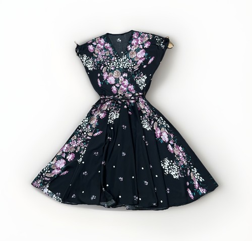 Vintage 70s Black Floral Wrap Dress Fit & Flare Full Circle Skirt Midi Boho MED