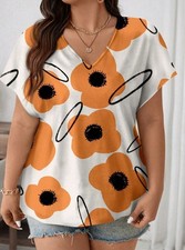 NEW PLUS SIZE 22 24 WHITE ORANGE FLORAL PRINT TOP BLOUSE STRETCH SHORT SLEEVE