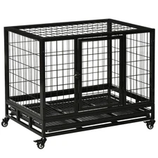 36" Heavy Duty Dog Crate with Tray Lockable Wheels Double Door Medium Large Dogs
