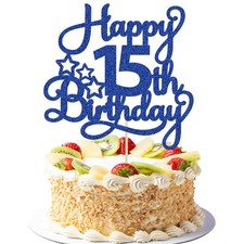 1 Pack Happy 15th Birthday Cake Topper Blue Glitter Mis Quince 15 Cheers to 1...