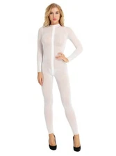 Women's Sheer Sexy Long Sleeve Bodysuit Jumpsuit Catsuit Bodystocking White!@**