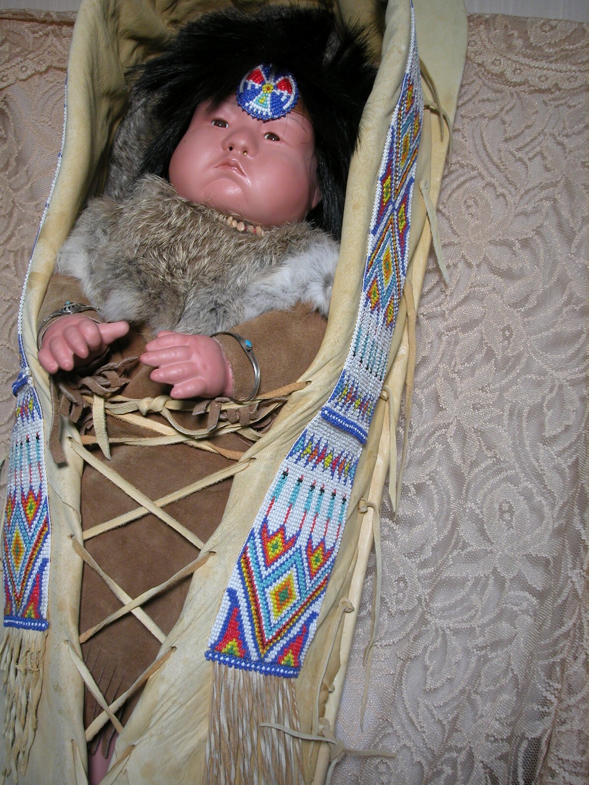 Apache Style Cradle Board Hides Bead Work & Porcelain RoPa Baby Boy. 31 