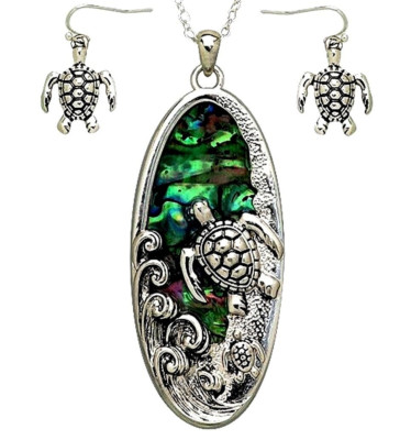 Sea Turtle Pendant Necklace and Earrings Set Abalone Shell accent & a ...