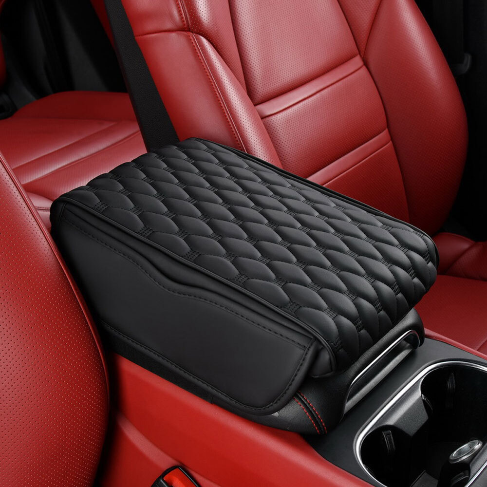 Black Leather Car Armrest Cushion Cover Center Console Mat Pad Accessories