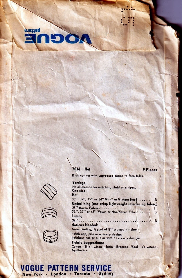 60s Vogue Sewing Pattern 7034 Misses' Turbans Hats Bias Cut with Fold Effects - Image 2 of 2