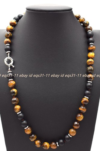 Handmade Natural 8mm Tiger's Eye Black Matte Agate Gems Round Beads Necklace - Picture 2 of 12