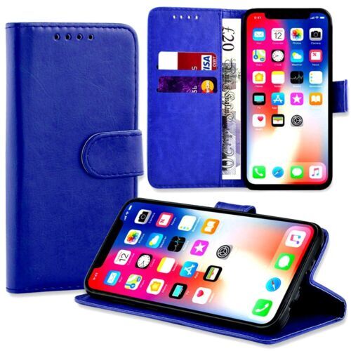 Blue PU LEATHER WALLET STAND CASE FOR APPLE IPHONE 7/8/XR/11/12/13/14/15/16/16e - Picture 1 of 5