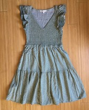LOFT Sleeveless Smocked V-Neck A-Line Short Ruffle Sage Green Sundress S VGC
