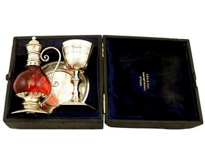 Antique Victorian 1870s Sterling Silver Gilt and Cranberry Glass Communion Set