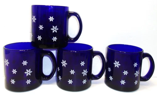 Set of 4 ~ Libbey Cobalt Blue White Snowflake Glass Coffee Mugs