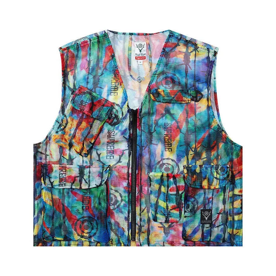 Gilet de brousse en maille Supreme SOUTH2 WEST8 multicolore fermeture éclair complète rouge bleu jaune rare L