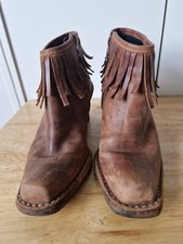 Mosquitos Cowboy Style Boots Size 4 Brown Brushed Leather Fringe Boho Party 