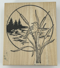 1997 Northwoods Bird on Cattails Wood Mounted Rubber Stamp
