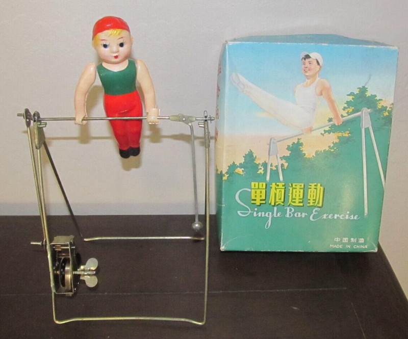 Vintage Wind-Up Tin Plastic Toy Gymnastics Single Bar Toy w/ Original Box China