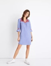 Madewell Dress Blue Red Embroidered Breeze Smocked Chambray Short Sleeve Sz XXS
