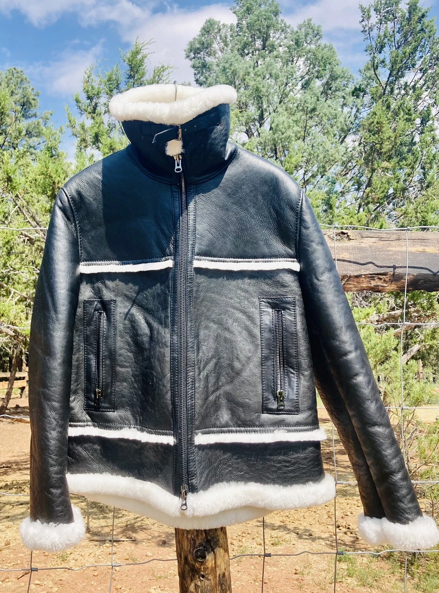 OVERLAND Black Shearling Leather Sheepskin Coat Sz 48 XL Bomber Moto White Trim