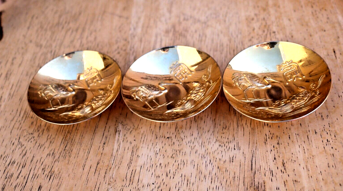 Vintage Japanese Sake Cup 24k Gold Plated Set of 3 Commemorative