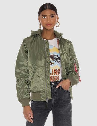 NWT Alpha Industries Women's MA-1 Natus in Moss Satin Hooded Bomber Jacket XL - Picture 7 of 9