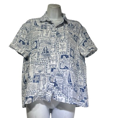 jane delancey Size M nautical sea shells linen coastal button up blouse