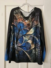 C.O.Z.Y Women’s Stained Glass Print Pullover Top, Crisscross Strap Detail, 3XL