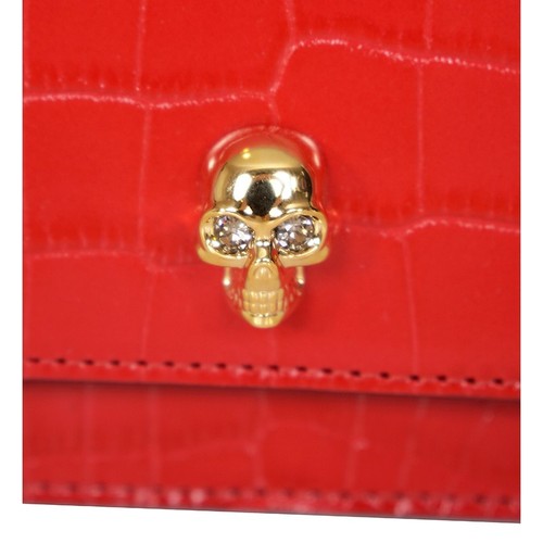 NEW $990 ALEXANDER MCQUEEN Deep Red CROC EMBOSSED Leather GOLD SKULL Chain BAG - Picture 6 of 20
