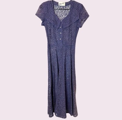 Vintage 40s 50s Ellen Kaye Navy Blue Lace Maxi Dress Semi Sheer Extra Small