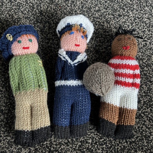 3 X Hand knitted Dolls Soldier Sailor And Footballer
