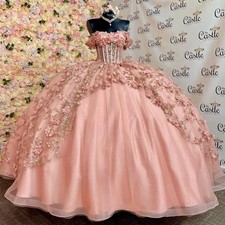 Pink Quinceanera Dresses Off Shoulder Lace Sequins 3D Flower Ball Gowns Sweet 16