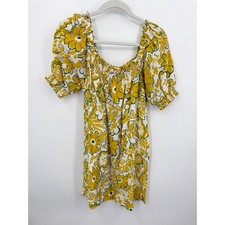 Umgee K9297 Floral Smocked Mini Dress Women S Yellow Green Puff Sleeve Pockets
