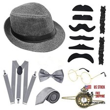 10 Pieces 1920s Men Costume Accessories Set Roaring Retro Gangster Gray