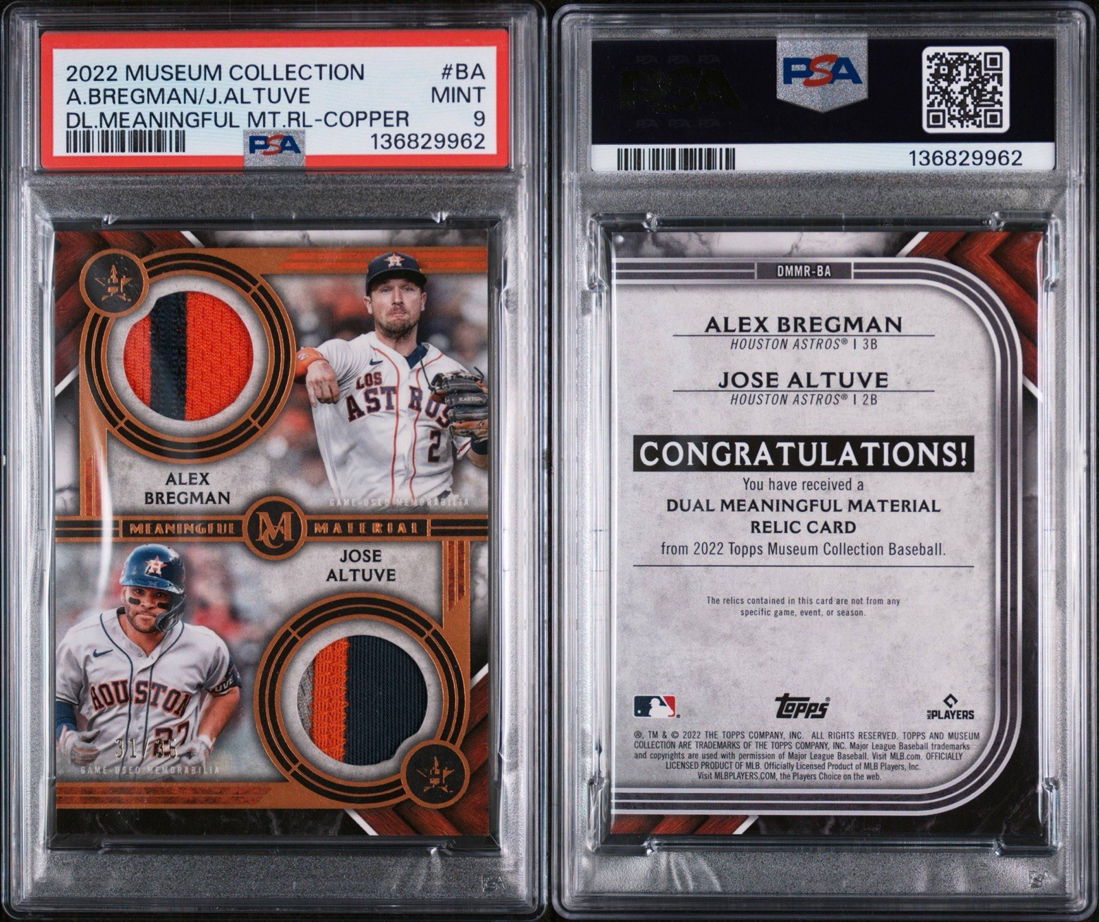 PSA 9 2022 Topps Museum Collection Dual Relics Altuve Bregman #DMMR-BA /35 (MEM) view 3