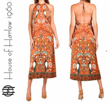 NWT $279 House of Harlow 1960 Dress Satin Tan Teal Tropical Birds Medium